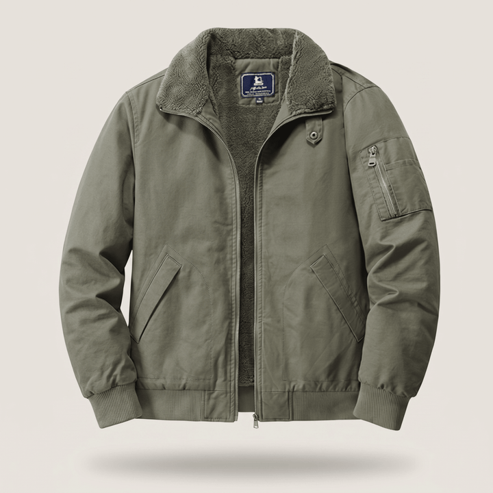 Fleece-lined bomber jacket in green with sherpa collar and front zipper.
