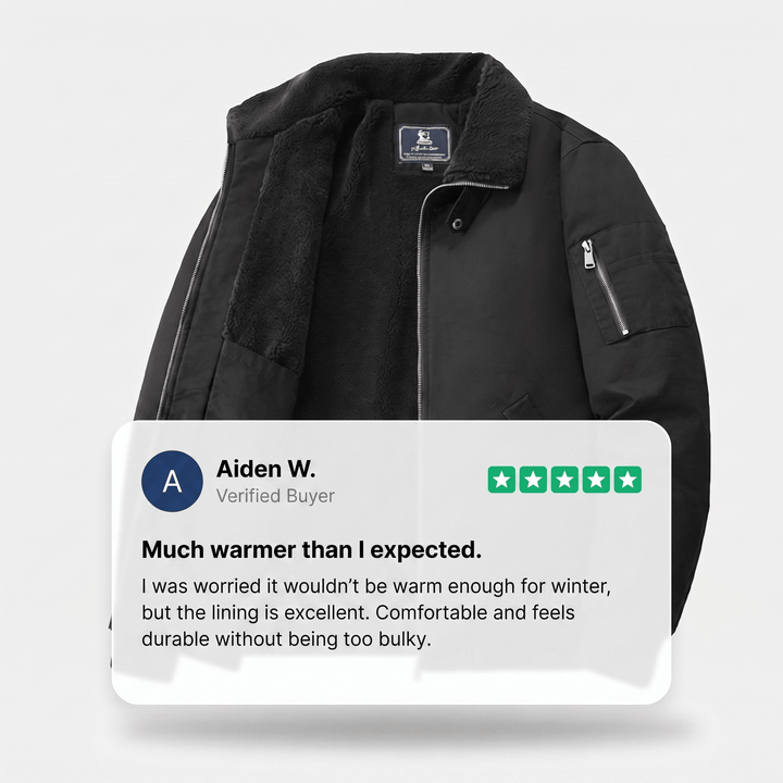 Black sherpa-collared bomber jacket with front zip and sleeve pocket.