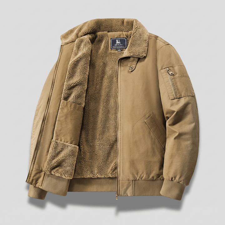 Khaki bomber jacket with sherpa-lined interior and front zipper.