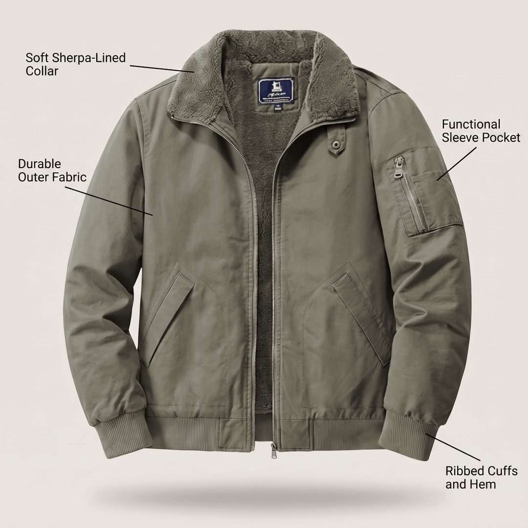 Olive bomber jacket with sherpa collar, sleeve pocket, and ribbed cuffs and hem.