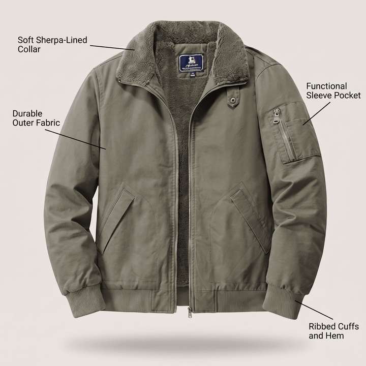 Olive bomber jacket with sherpa collar, sleeve pocket, and ribbed cuffs and hem.