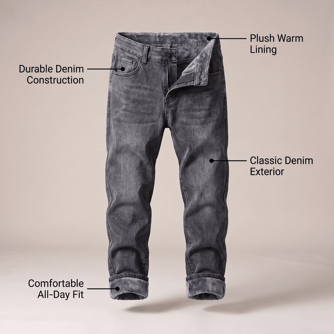 Grangefield lined denim jeans, smoke grey, cuff reveals warm interior lining