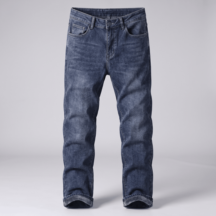 Grangefield lined denim jeans, blue wash, front view with belt loops and fly