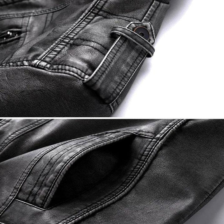 Black leather jacket sleeve and cuff details with stitched panels and pocket flap