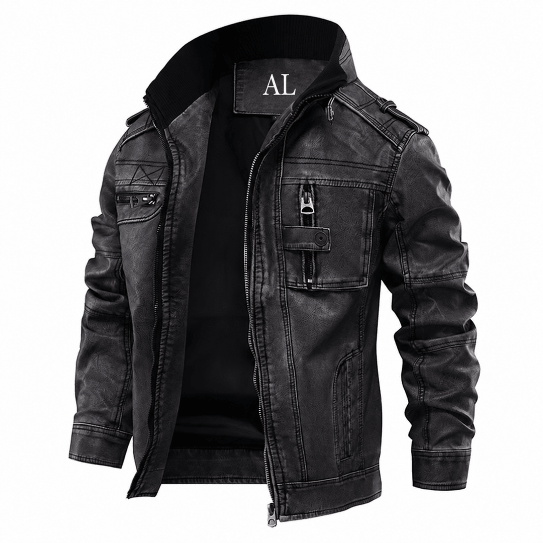 Black leather jacket with hood, front zip, chest pockets, and ribbed hem