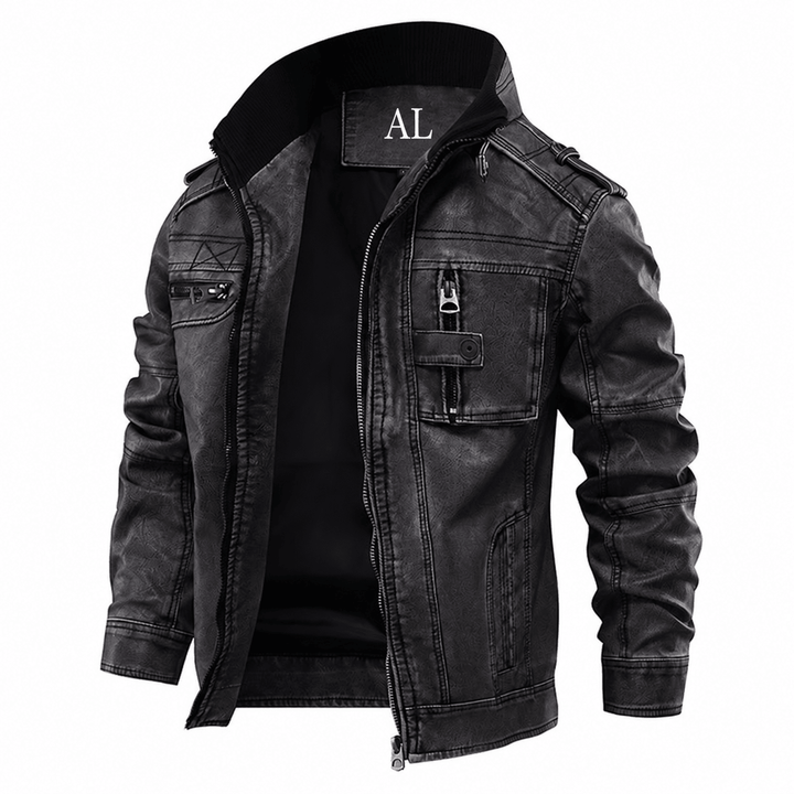 Black leather jacket with hood, front zip, chest pockets, and ribbed hem
