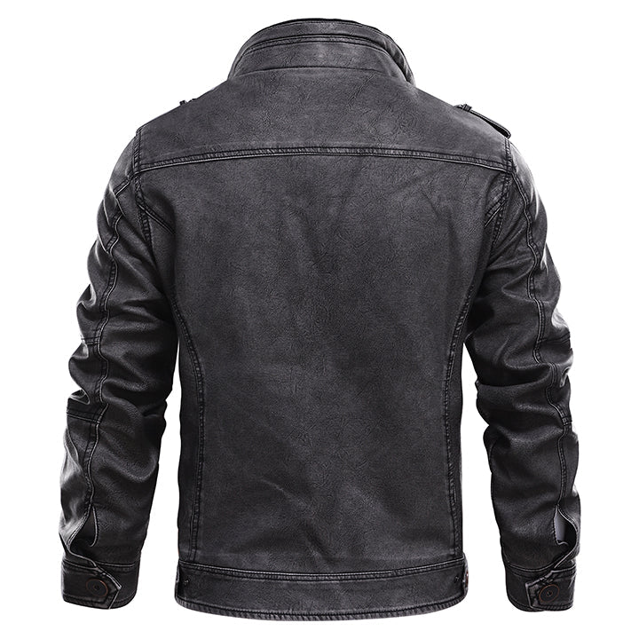 Black leather Harrington-style jacket, back view with stand collar and snap cuffs