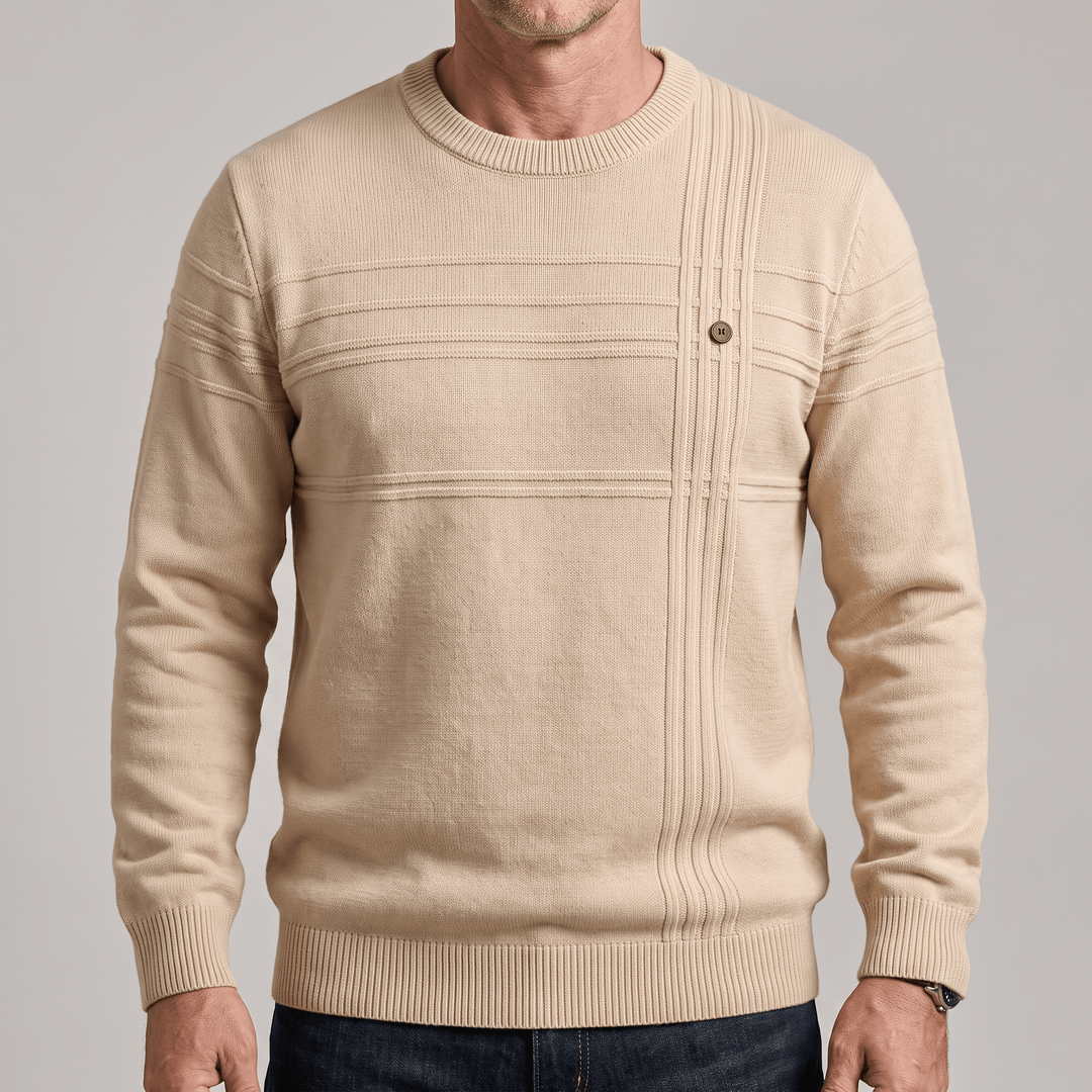 Harrington Premium Sweater in beige, crew neck with ribbed trim and button placket panels