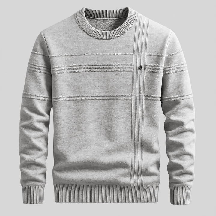 Harrington Premium Sweater in grey, crew neck ribbing with button placket and stripe panels