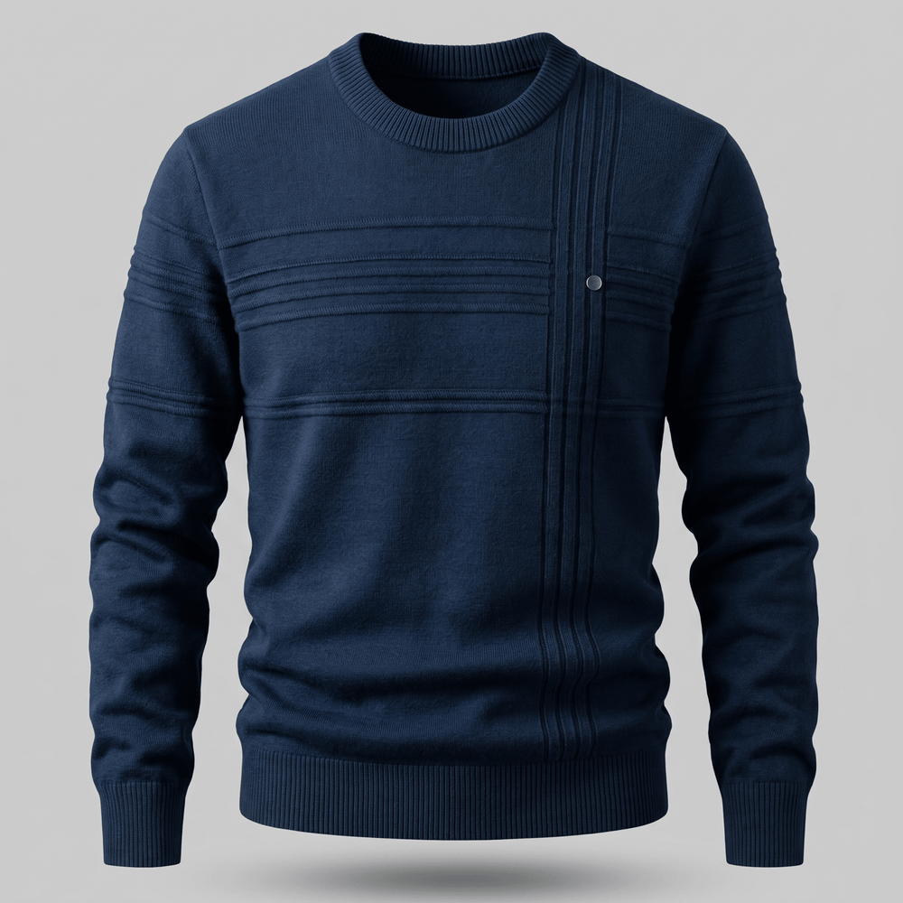 Harrington Premium Sweater in navy, crew neck with ribbed hem and button placket details