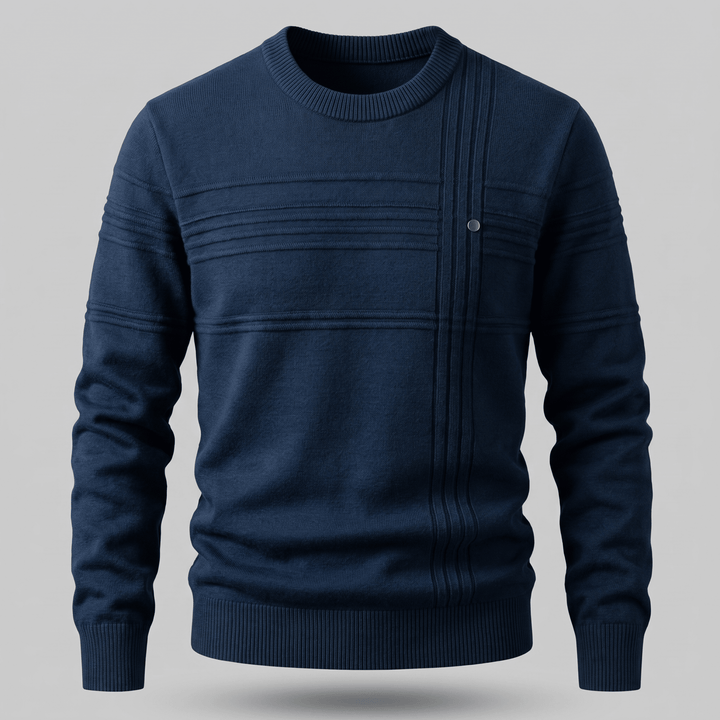 Harrington Premium Sweater in navy, crew neck with ribbed hem and button placket details