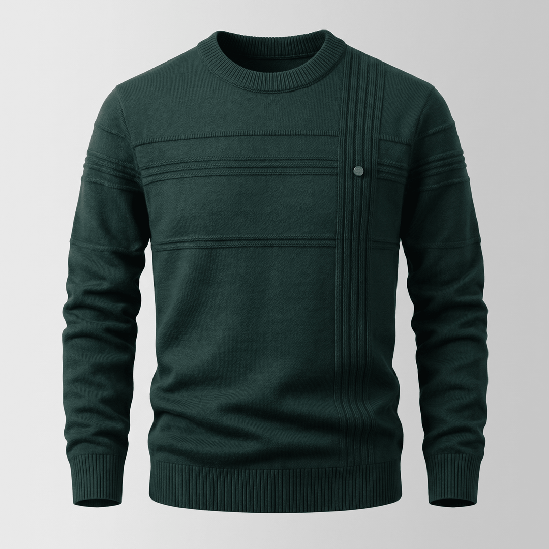 Harrington Premium Sweater in green, crew neck ribbing with button placket and panel seams