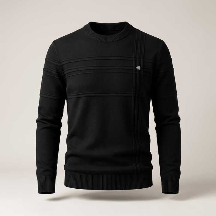 Harrington Premium Sweater in black, crew neck with ribbed cuffs and button placket panels