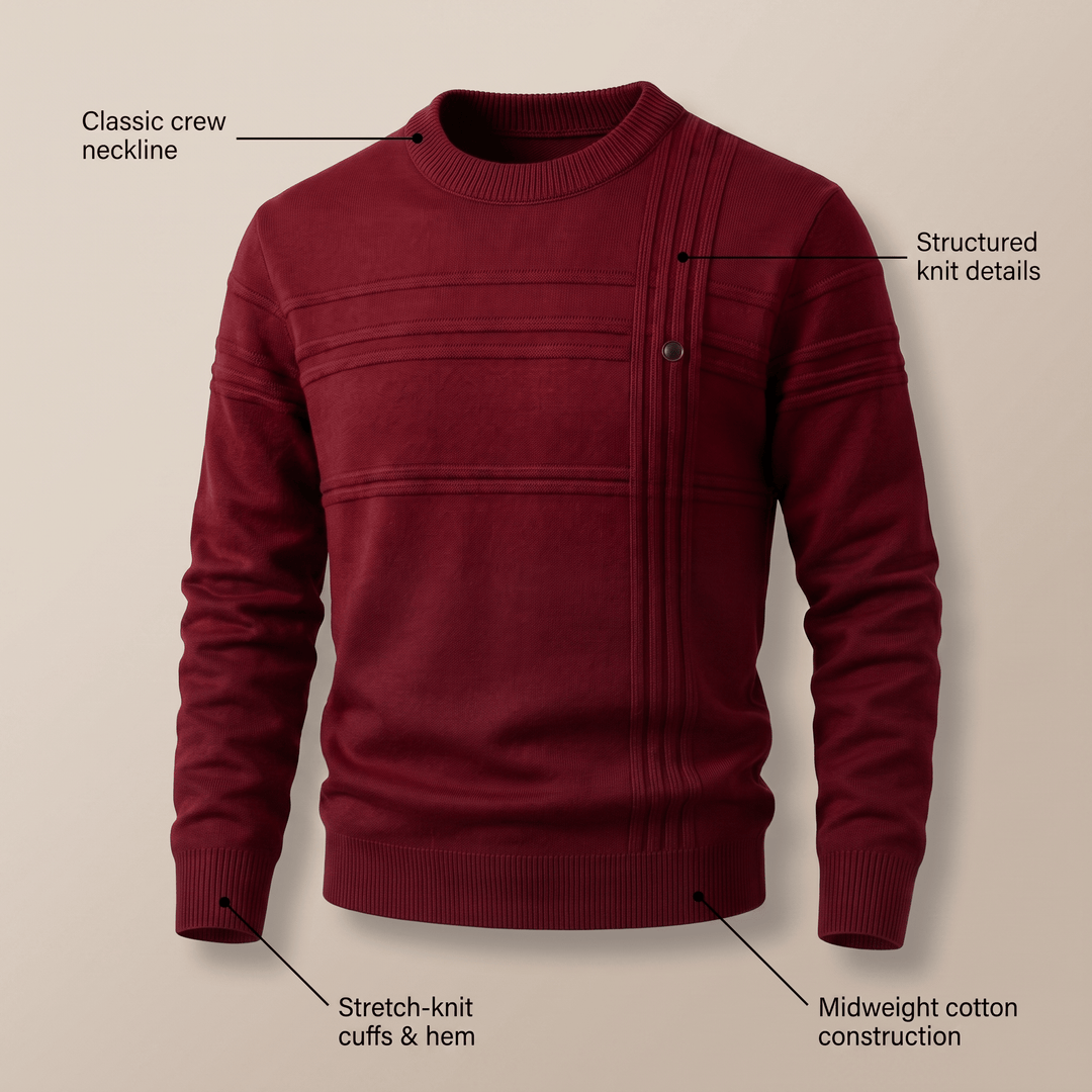 Harrington Premium Sweater in maroon, crew neck with structured knit panel and button placket