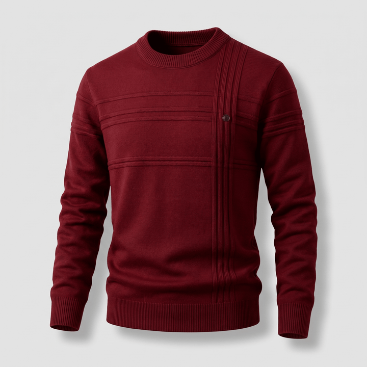 Harrington Premium Sweater in maroon, crew neck with ribbed cuffs, hem, and button placket