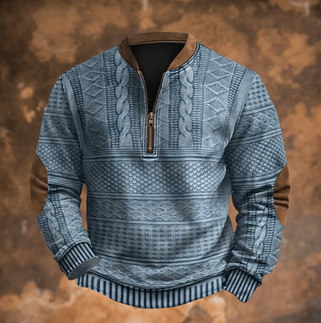Blue retro zip-up jumper with textured knit patterns and stand collar