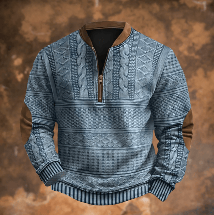 Blue retro zip-up jumper with textured knit patterns and stand collar