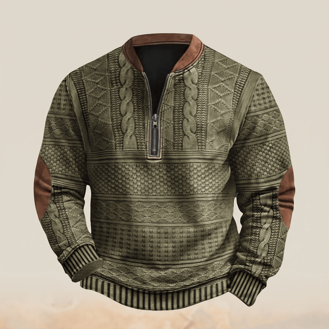 Retro zip-up jumper in olive, patterned knit texture with metal zip and ribbed hem