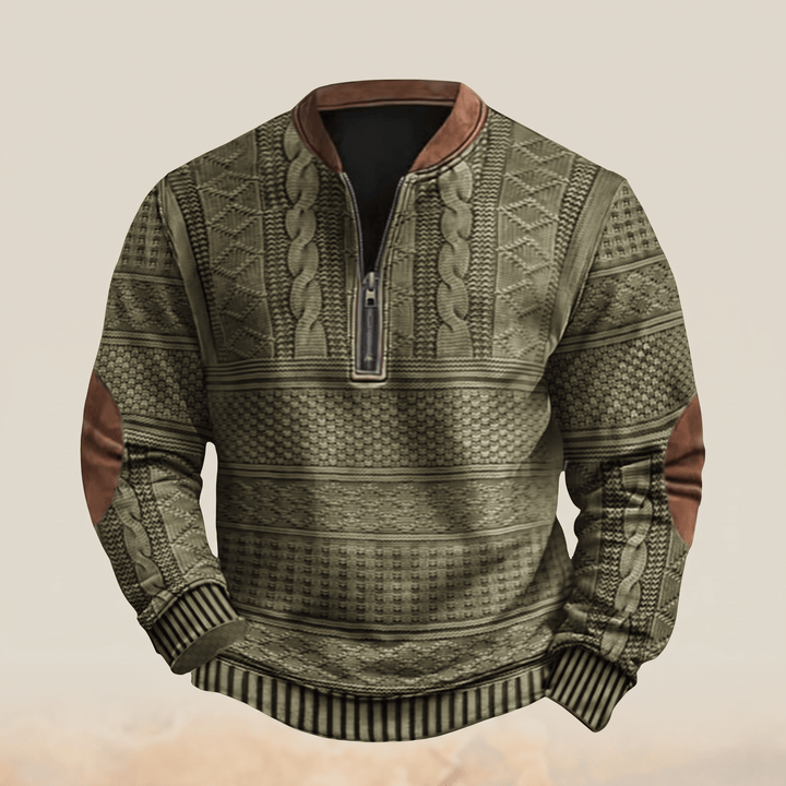 Retro zip-up jumper in olive, patterned knit texture with metal zip and ribbed hem