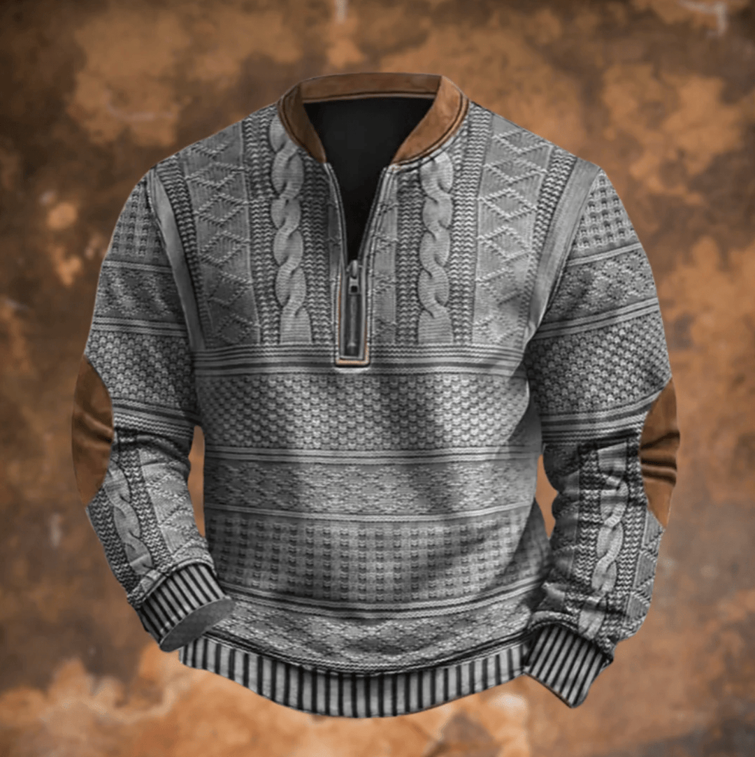 Grey retro zip-up jumper with textured knit patterns and stand collar