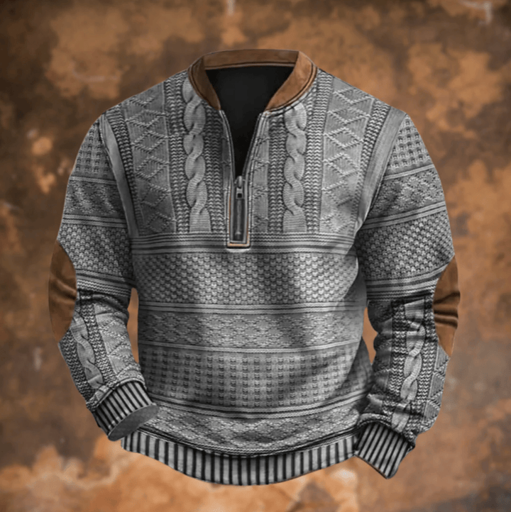 Grey retro zip-up jumper with textured knit patterns and stand collar