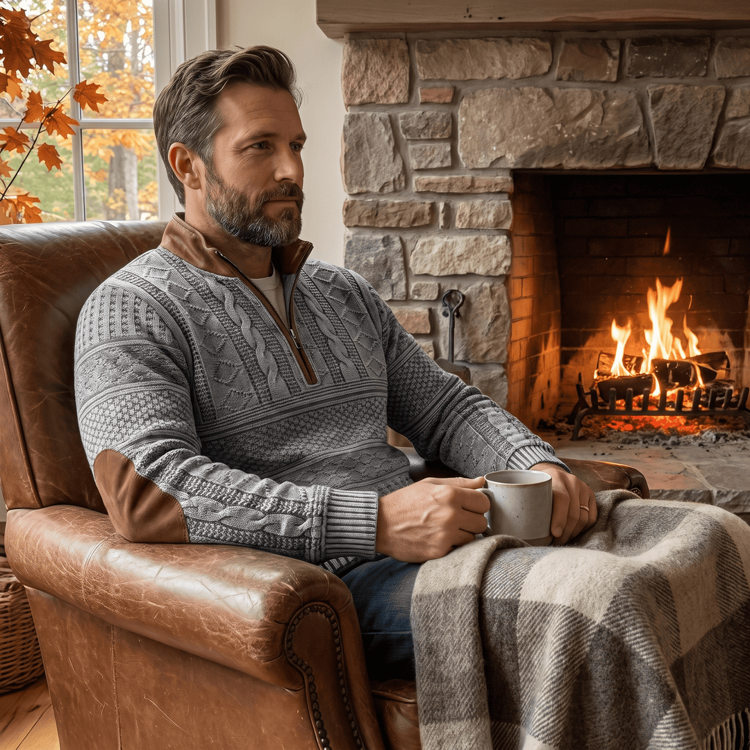 Grey retro zip-up jumper on model holding a mug by a fireplace