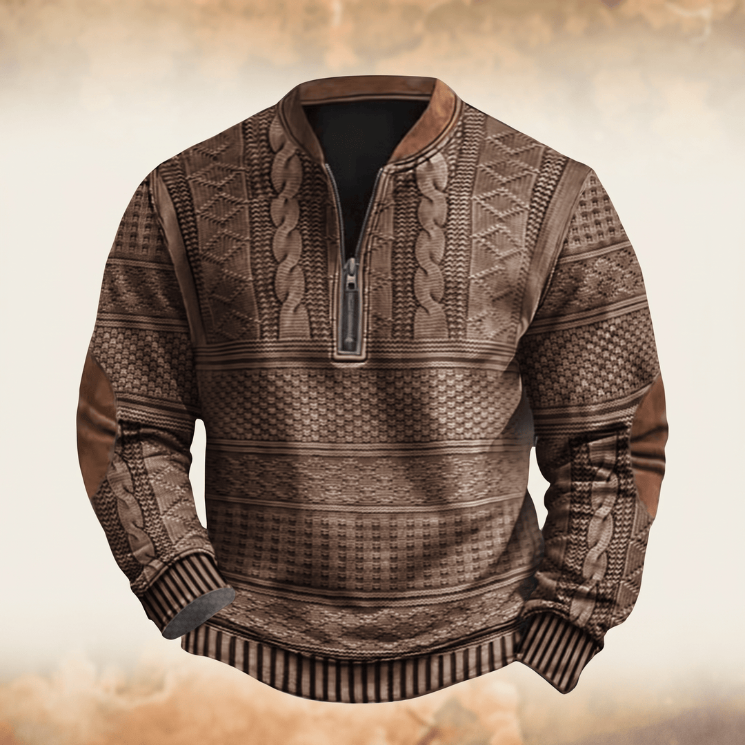 Retro zip-up jumper in brown, patterned knit texture with light zip and ribbed cuffs