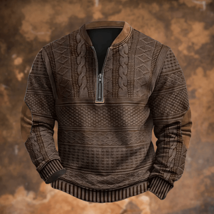 Brown retro zip-up jumper with textured knit patterns and stand collar