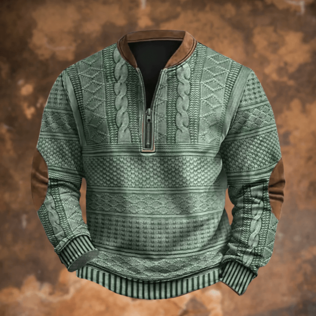 Green retro zip-up jumper with textured knit patterns and stand collar