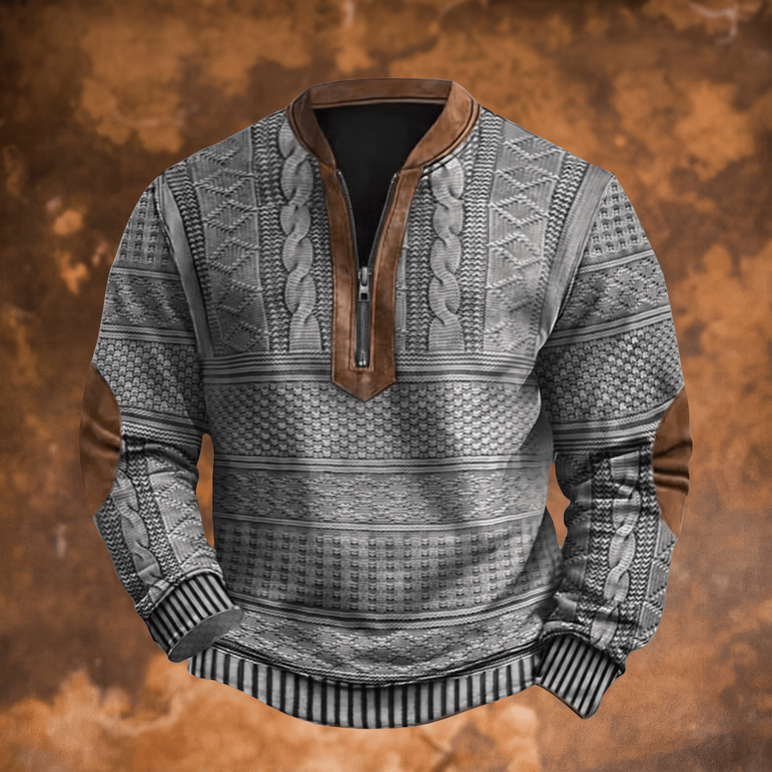 Grey retro zip-up jumper with textured knit patterns and stand collar