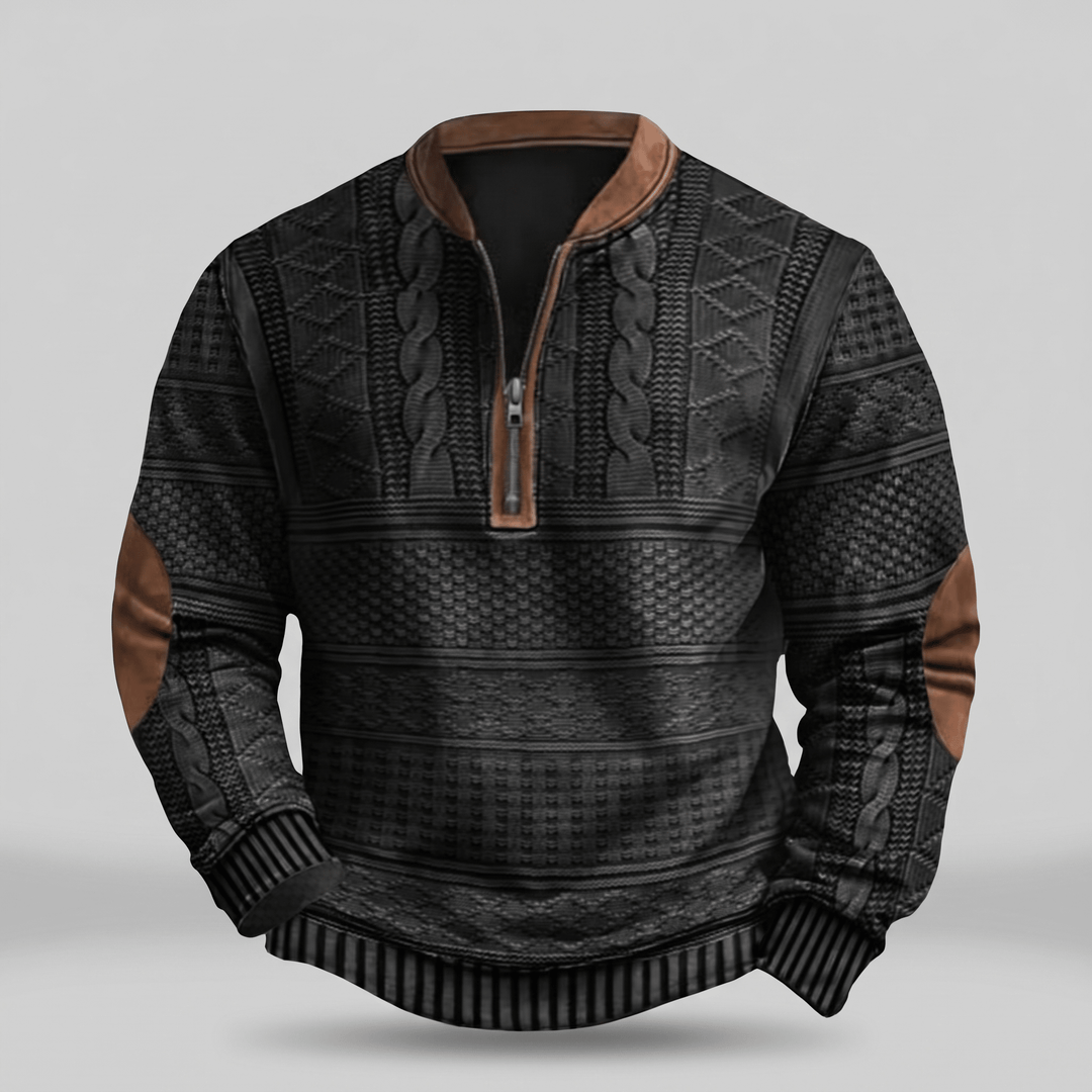Retro zip-up jumper in dark, patterned knit with tan zip and ribbed cuffs