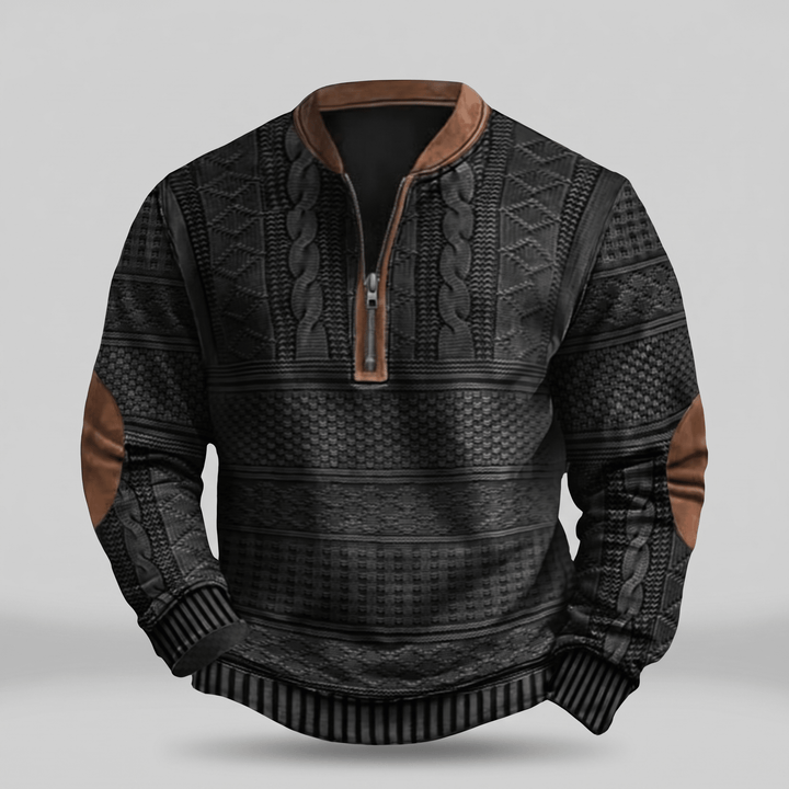 Retro zip-up jumper in dark, patterned knit with tan zip and ribbed cuffs