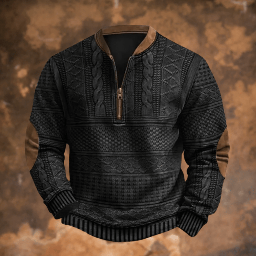 Black retro zip-up jumper with textured knit patterns and stand collar