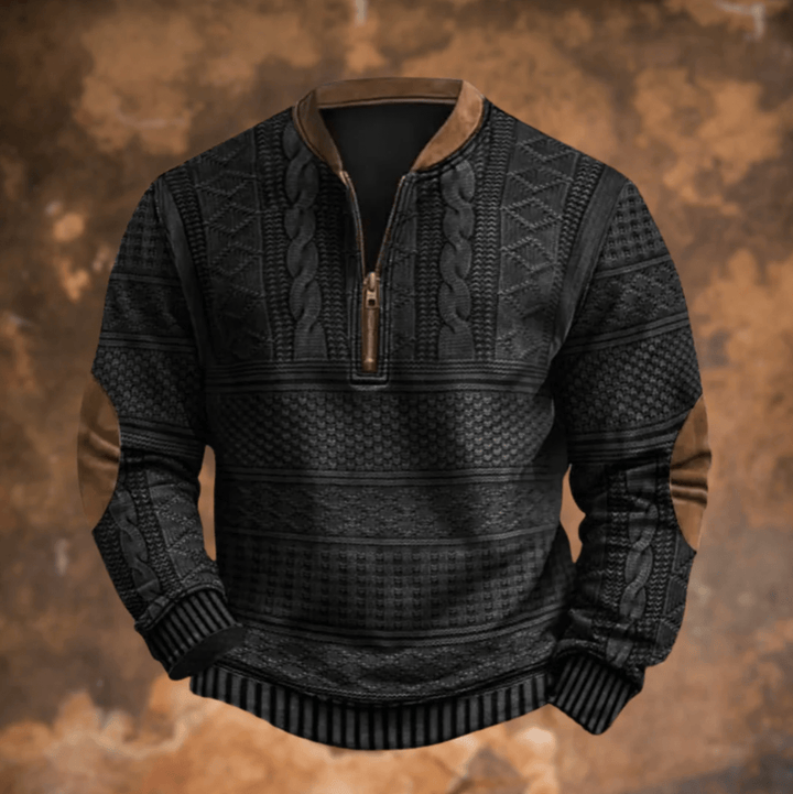 Black retro zip-up jumper with textured knit patterns and stand collar