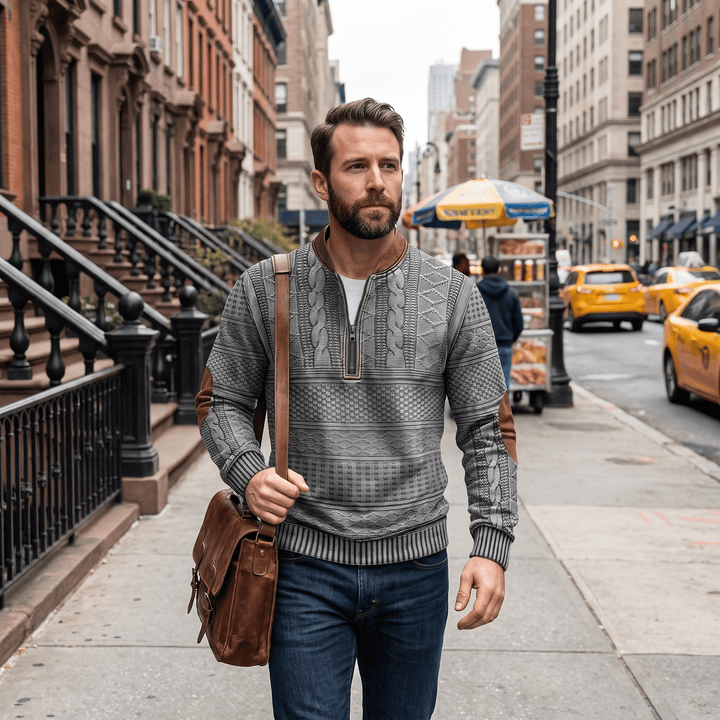 Grey retro zip-up jumper on model with textured knit and stand collar
