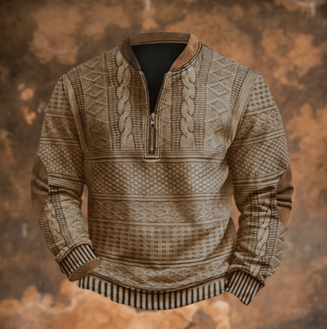 Khaki retro zip-up jumper with textured knit patterns and stand collar