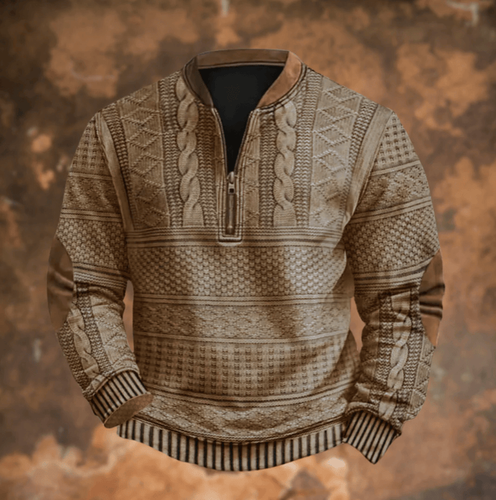 Khaki retro zip-up jumper with textured knit patterns and stand collar