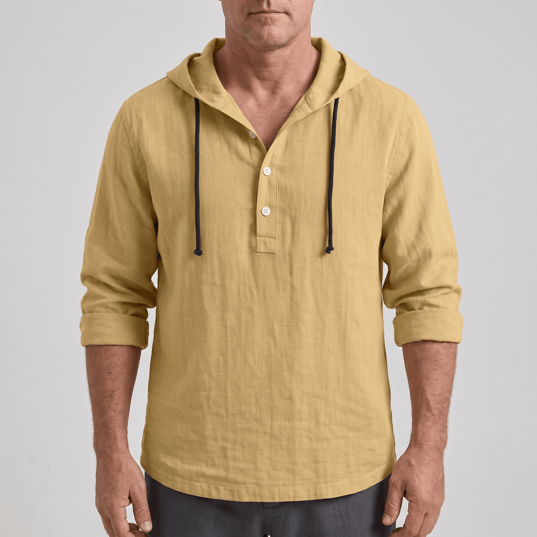 Sand hoodie shirt with drawstring hood, button placket, and navy trim