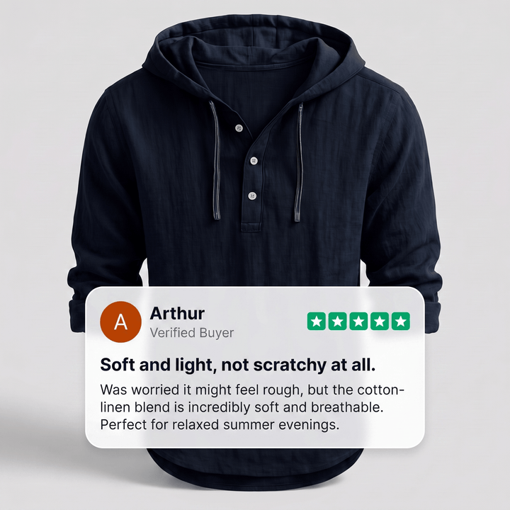Dark navy hoodie shirt with drawstring hood and front button placket