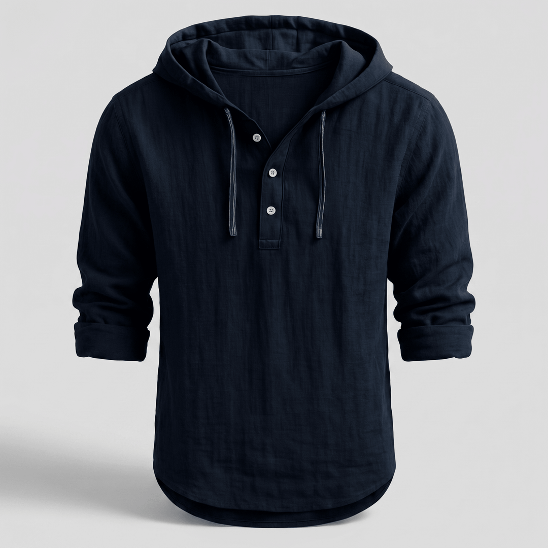 Dark navy hoodie shirt with drawstring hood and front button placket