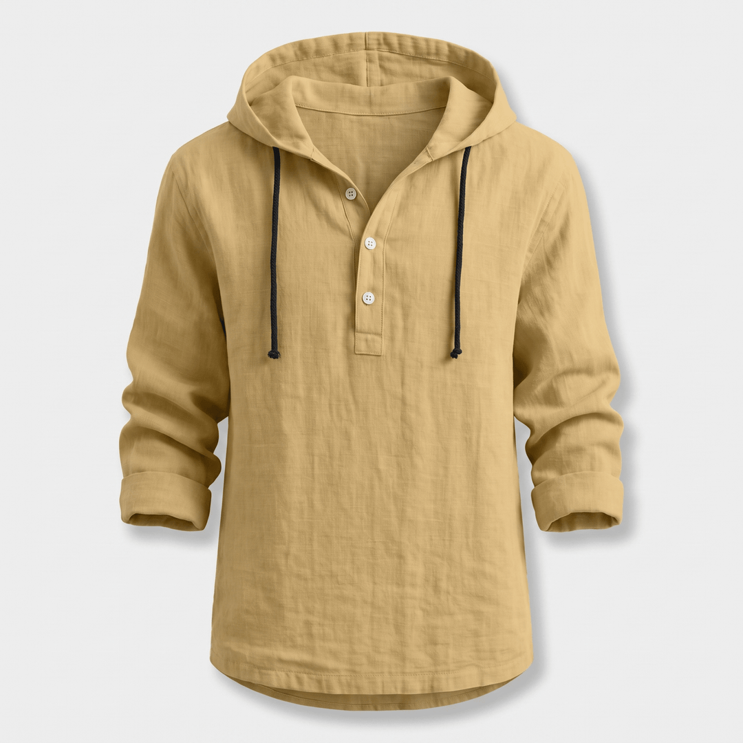 Sand hoodie shirt with drawstring hood, button placket, and rolled sleeves