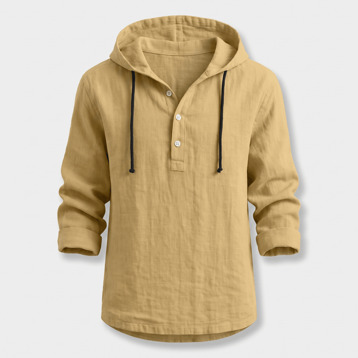 Sand hoodie shirt with drawstring hood, button placket, and rolled sleeves