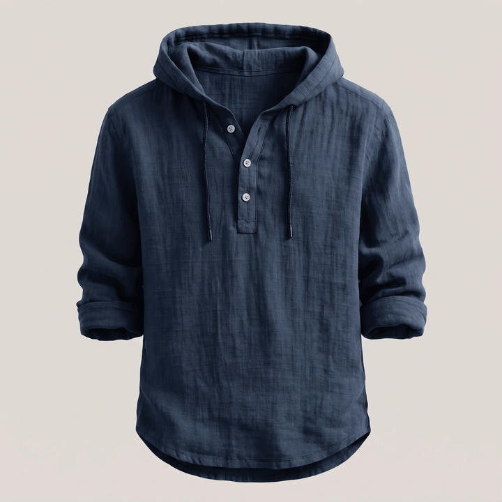 Navy hoodie shirt with drawstring hood and front button placket