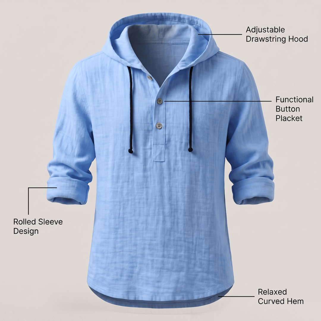 Light blue hoodie shirt with adjustable drawstring hood, button placket, rolled sleeves