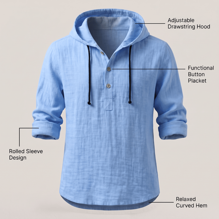 Light blue hoodie shirt with adjustable drawstring hood, button placket, rolled sleeves