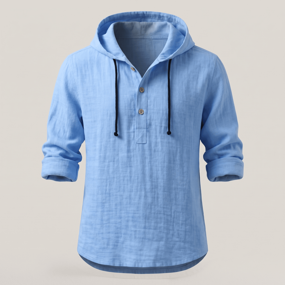 Light blue hoodie shirt with drawstring hood and front button placket