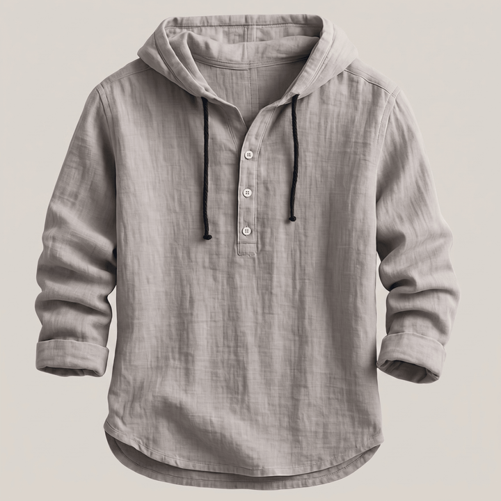Gray hoodie shirt with drawstring hood and front button placket
