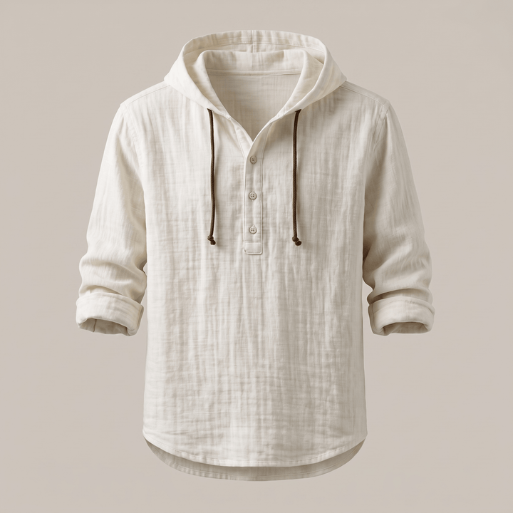 White hoodie shirt with drawstring hood and front button placket