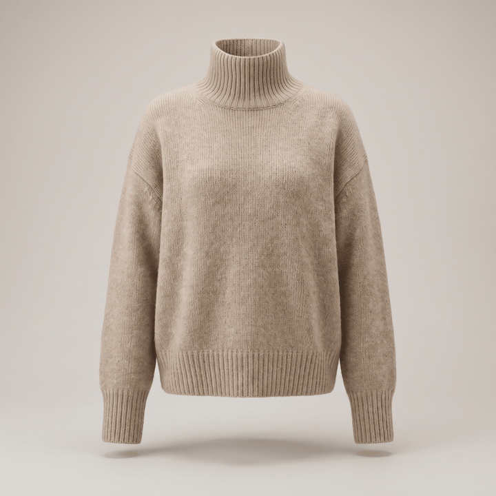 Khaki cashmere high-neck sweater with ribbed collar and cuffs