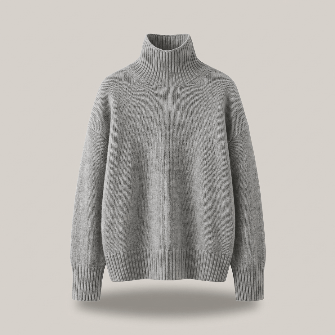 Grey cashmere high-neck sweater with ribbed collar and long sleeves
